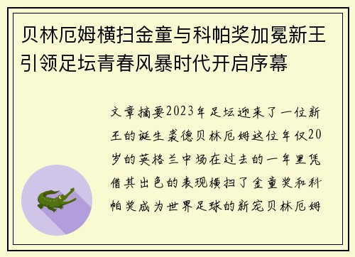 贝林厄姆横扫金童与科帕奖加冕新王引领足坛青春风暴时代开启序幕
